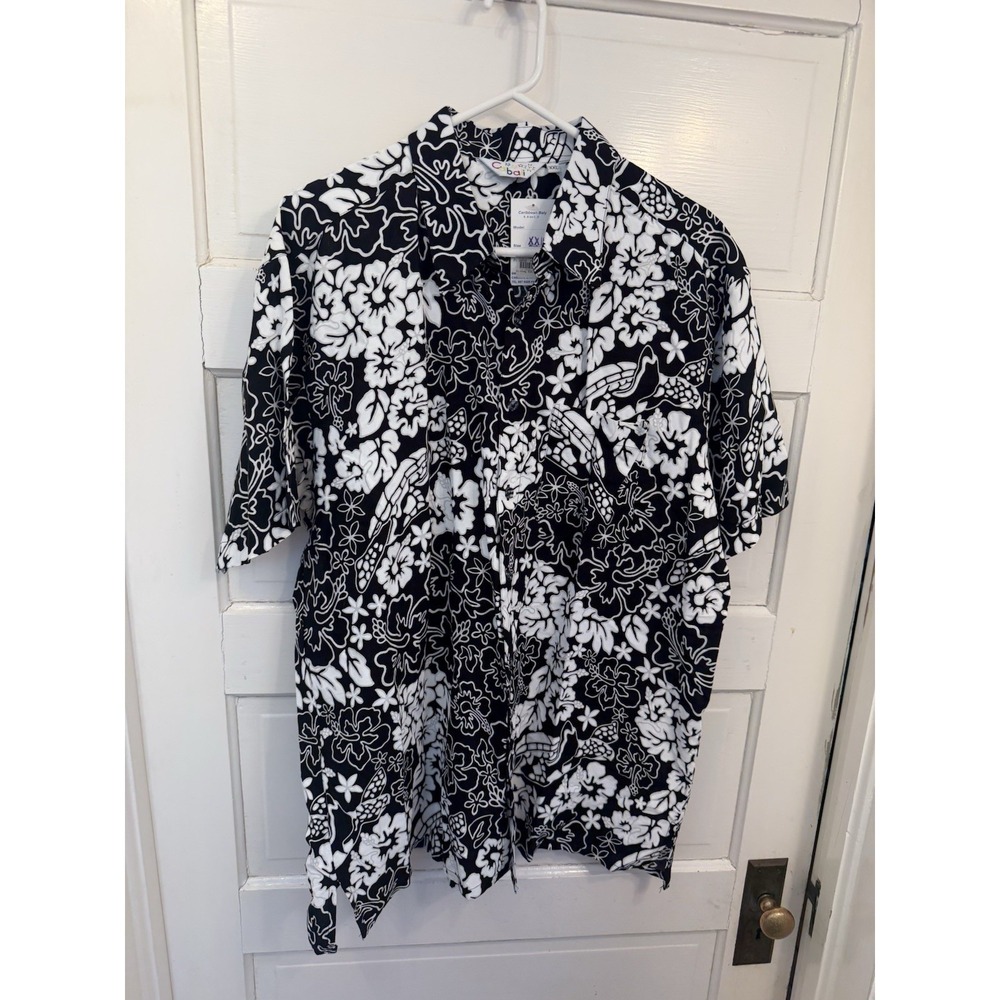 Cabali Shirt Mens 2XL Black White Floral Hawaiian Short Sleeve Button Front